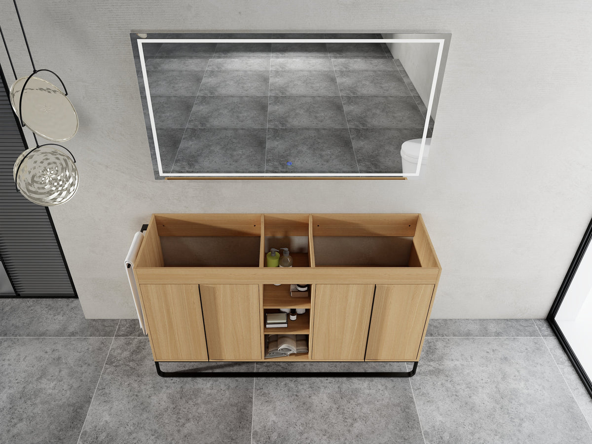 60-Inch Freestanding Bathroom Cabinet with Soft Close Doors & Open Storage - Oak