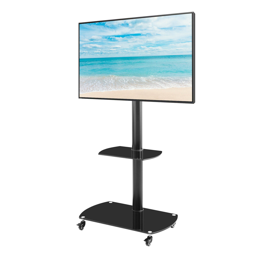Adjustable Tempered Glass Metal TV Stand with Lockable Wheels - Black