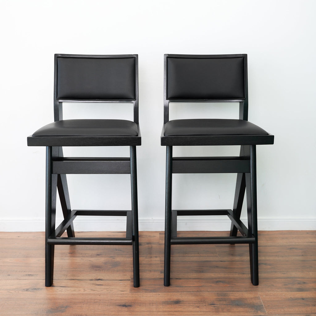Black Bar Stools Set of 2 with Full Back Support - PU Leather