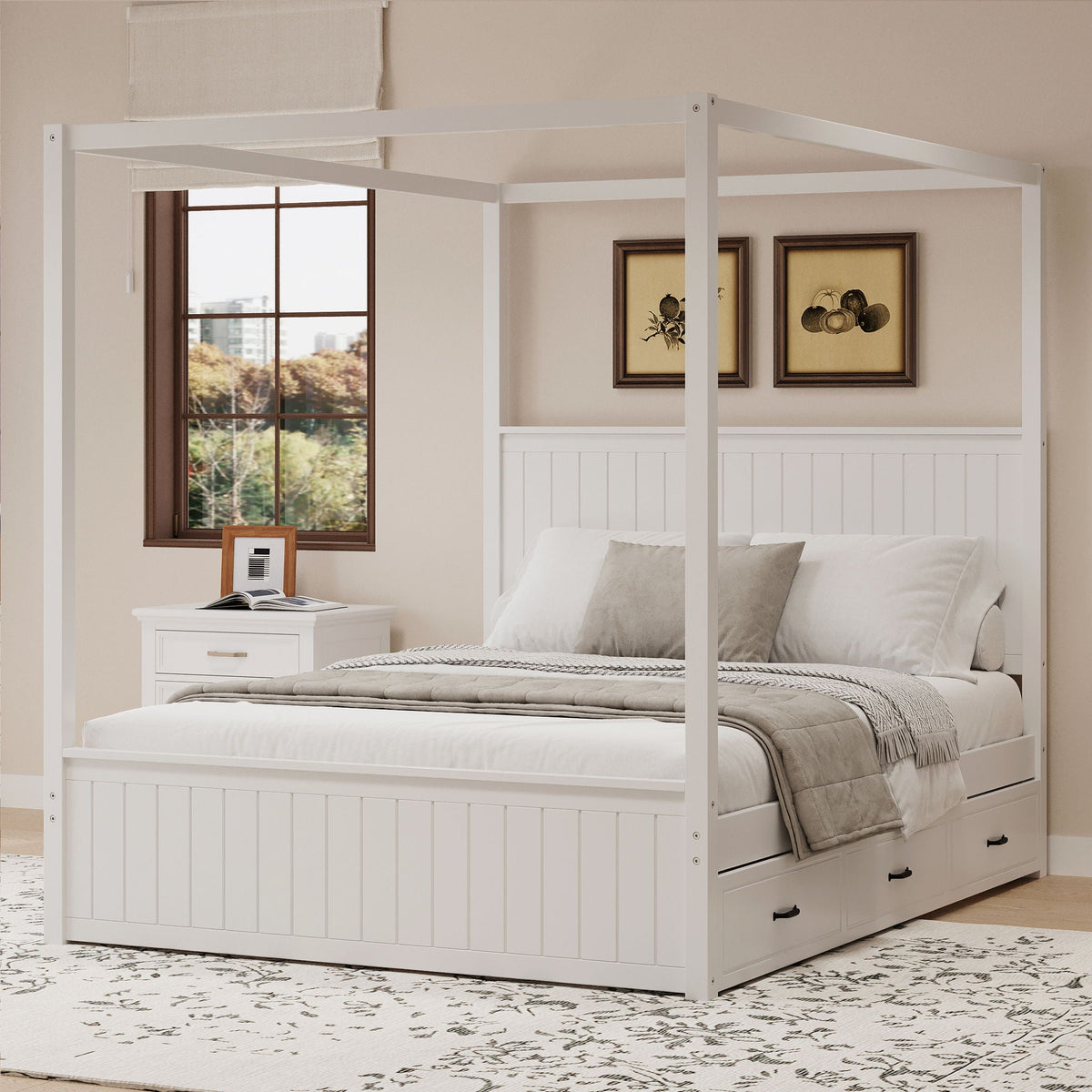 Canopy Platform Bed with Trundle and 3 Storage Drawers - Queen, Solid Pine