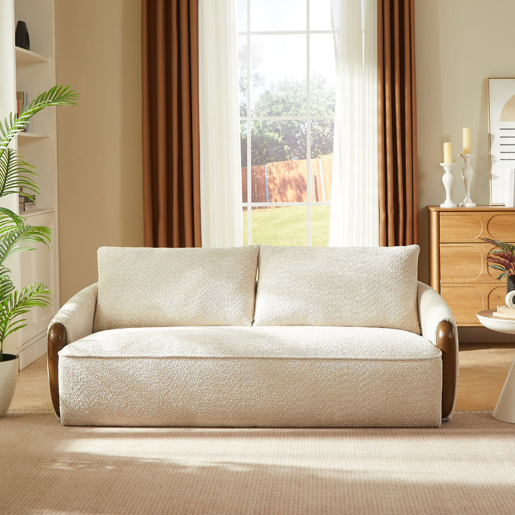 75 Inch Curved Boucle Upholstered Sofa with Solid Wood Frame - White