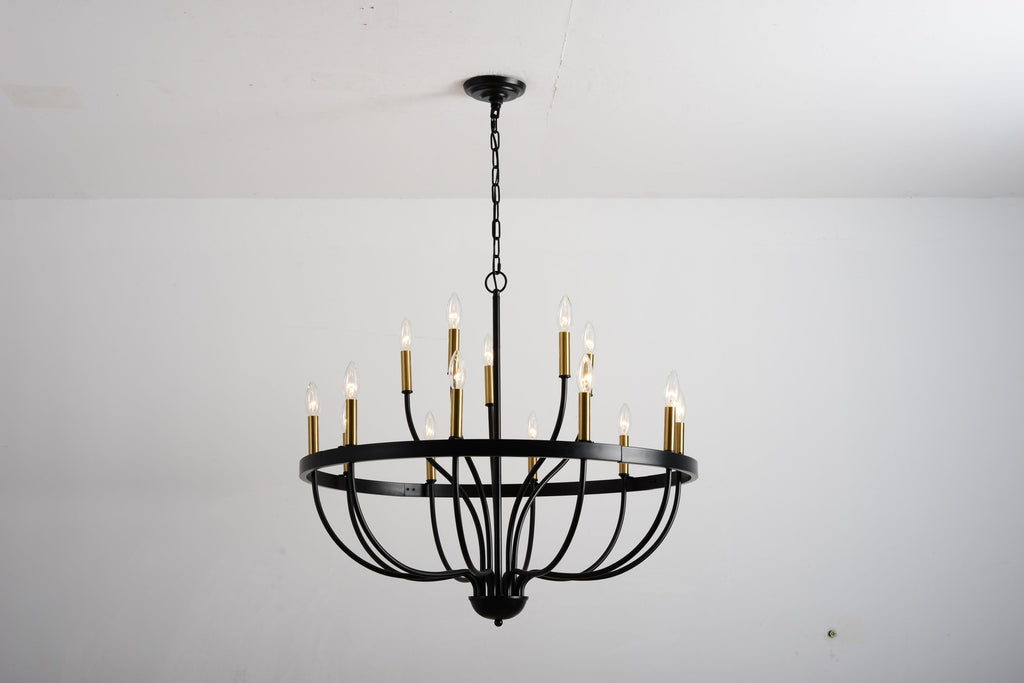 18-Light Industrial Iron Candle Chandelier with Adjustable Height - Gold & Black