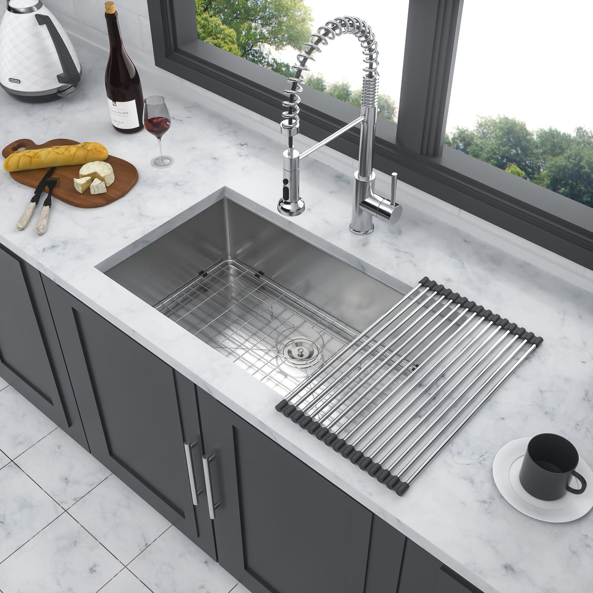 Gray Undermount Steel Kitchen Sink with Deep Single Bowl Basin