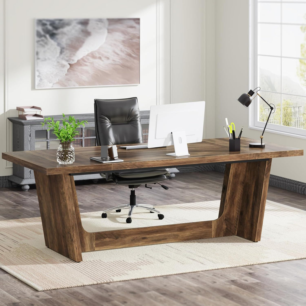 Executive Desk with Pedestal - Large Writing Workstation - Brown