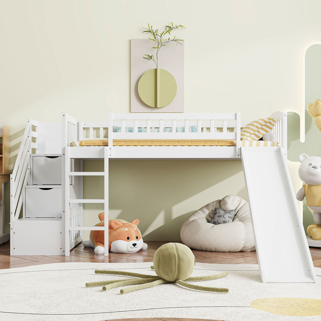Loft Stairway Bed with Drawers and Convertible Ladder - Twin
