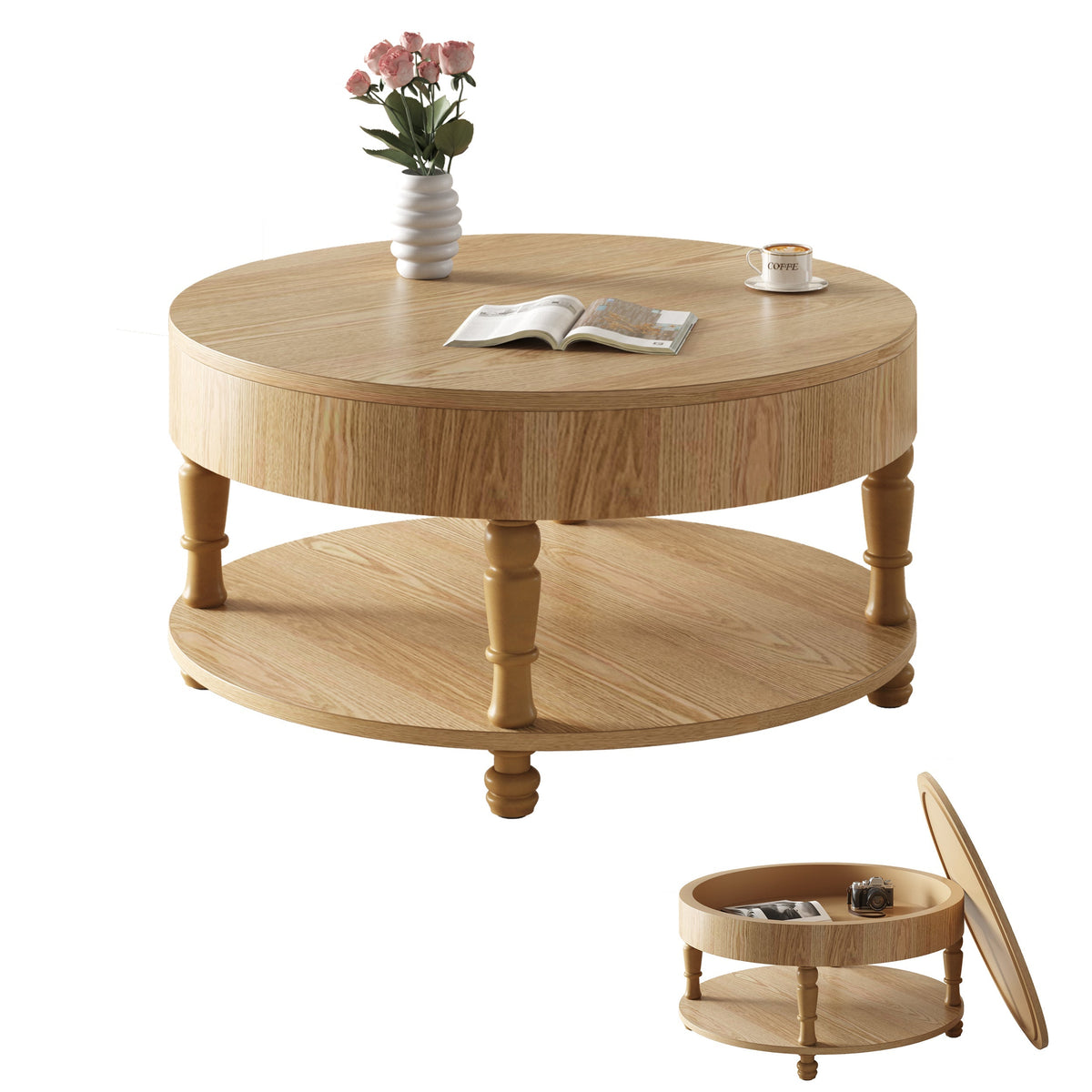 Coffee Table with Dual Storage - Natural Wood, 31.5" Round