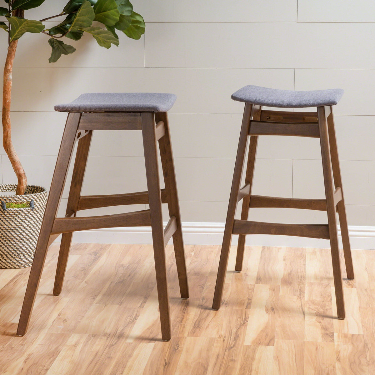 Mid Century Modern Bar Stool Set with Upholstered Seating - Beige or Dark Gray