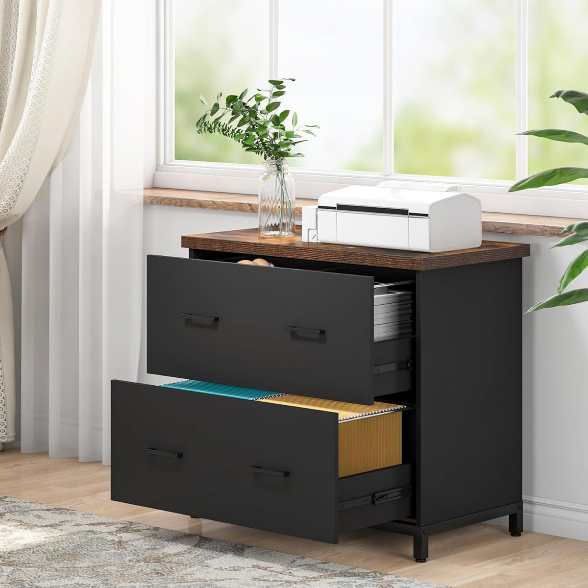 2 Drawer Lateral File Cabinet with Heavy Duty Steel Frame - Brown/Black