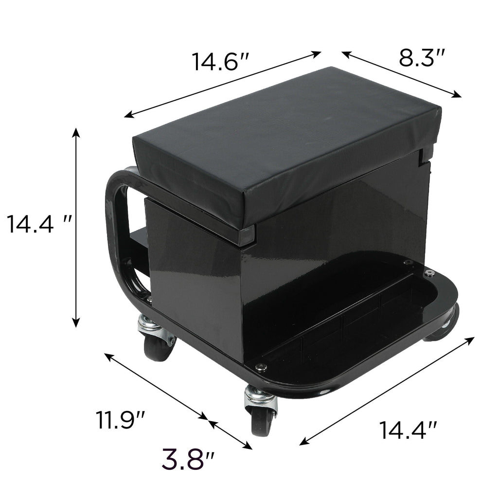 Rolling Creeper Garage Seat with 3 Built-In Drawers - Black