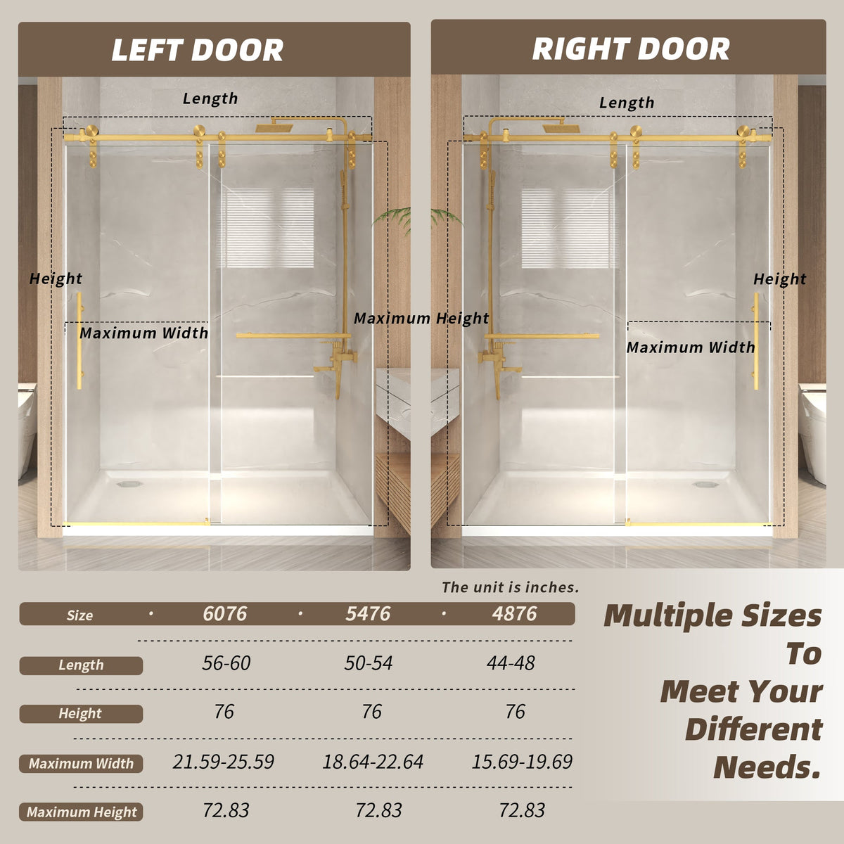 Frameless Sliding Shower Door with Clear Tempered Glass - Brushed Gold
