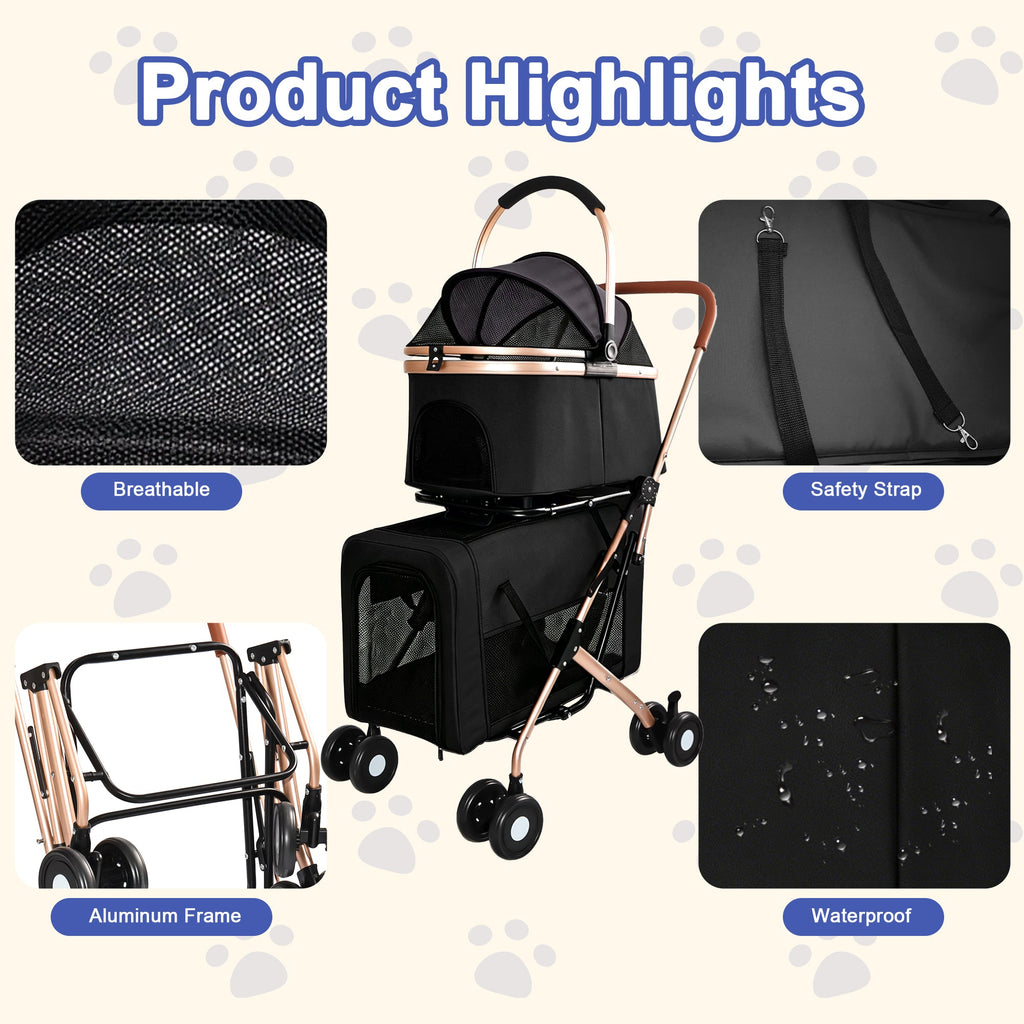 Double Pet Stroller for Small and Medium Dogs and Cats with Foldable Frame - Carbon-Steel