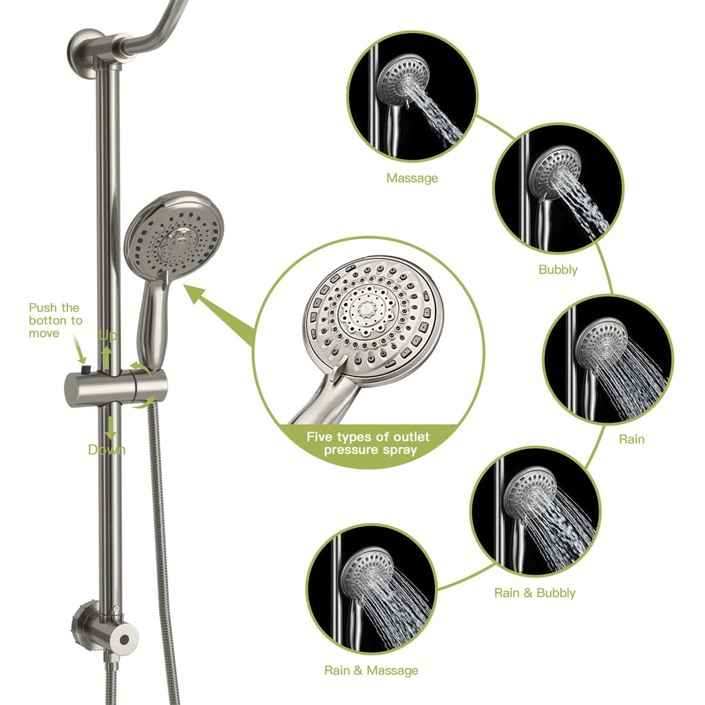 Shower System with 5 Function Rain Hand Shower and Slide Bar Combo - Pearl Silver, Gray, or Black