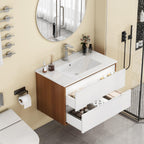 32-Inch Wall-Mounted Bathroom Vanity with Ceramic Sink Combo - Walnut/White