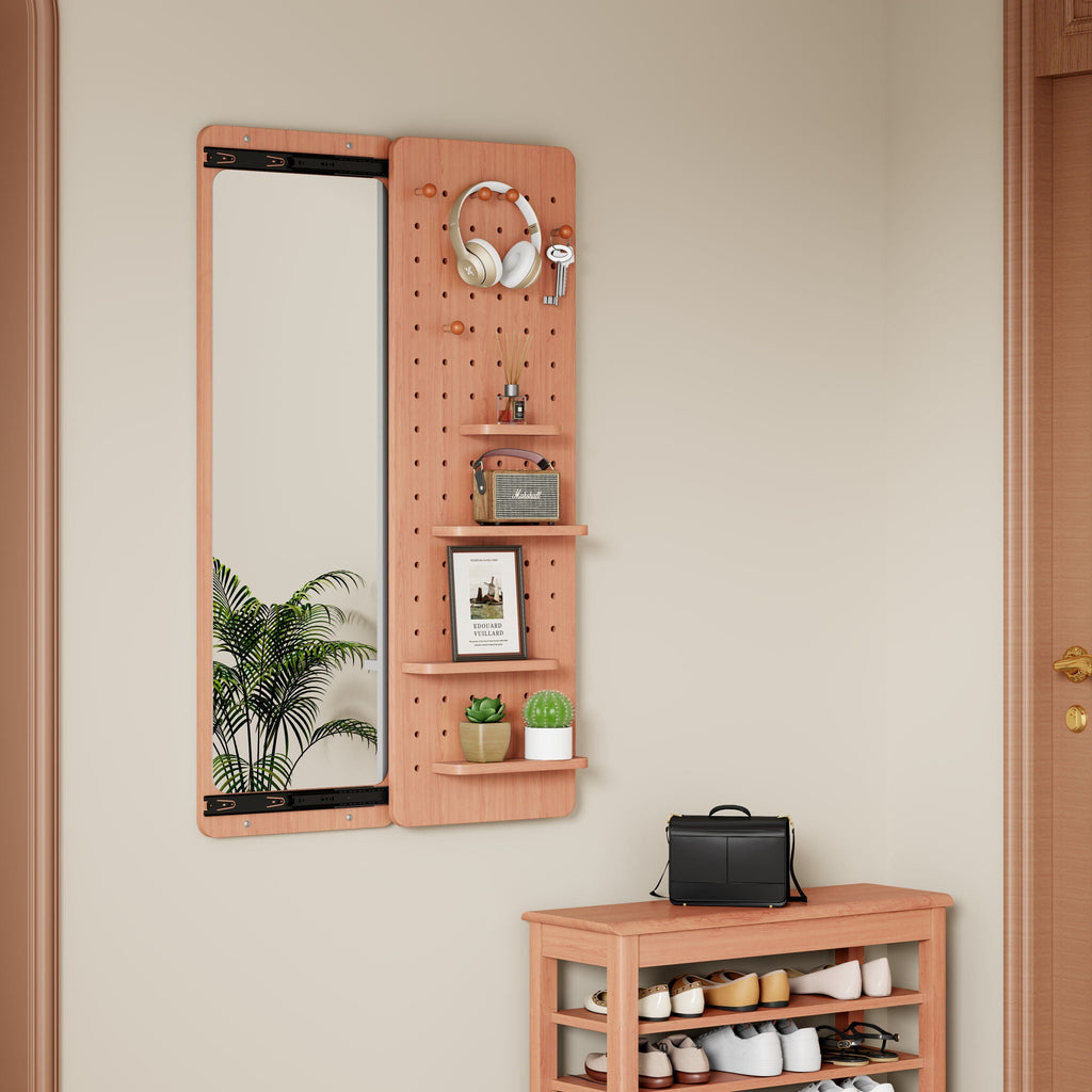 Full Length Wall Mounted Mirror with Shelf and Hook - Dark Brown, White, or Light Brown