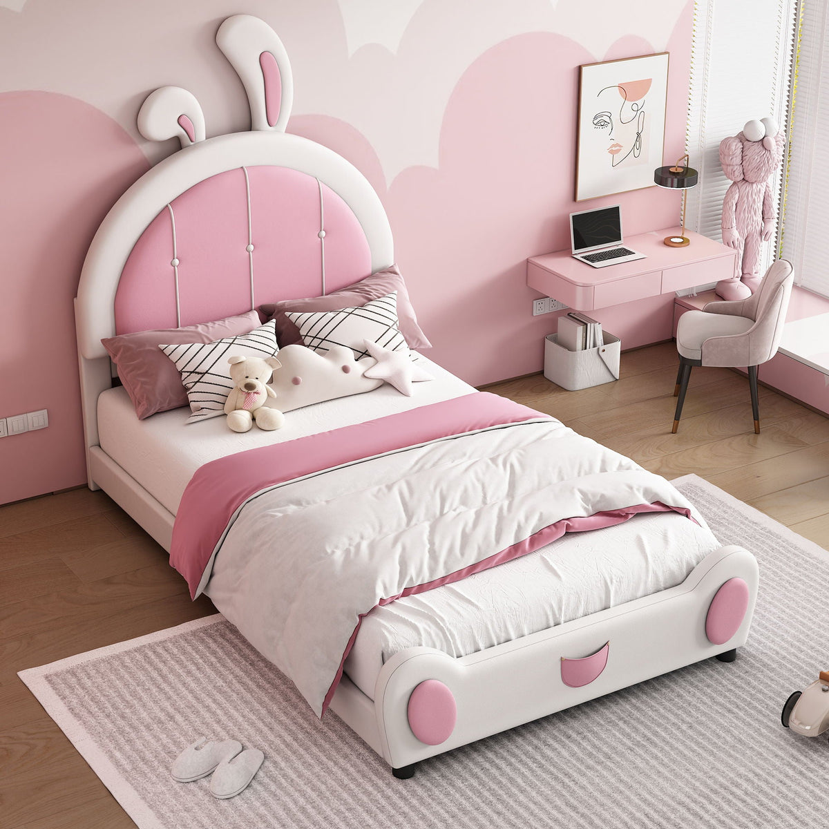 Upholstered Platform Bed with Rabbit Shaped Headboard - Twin, White