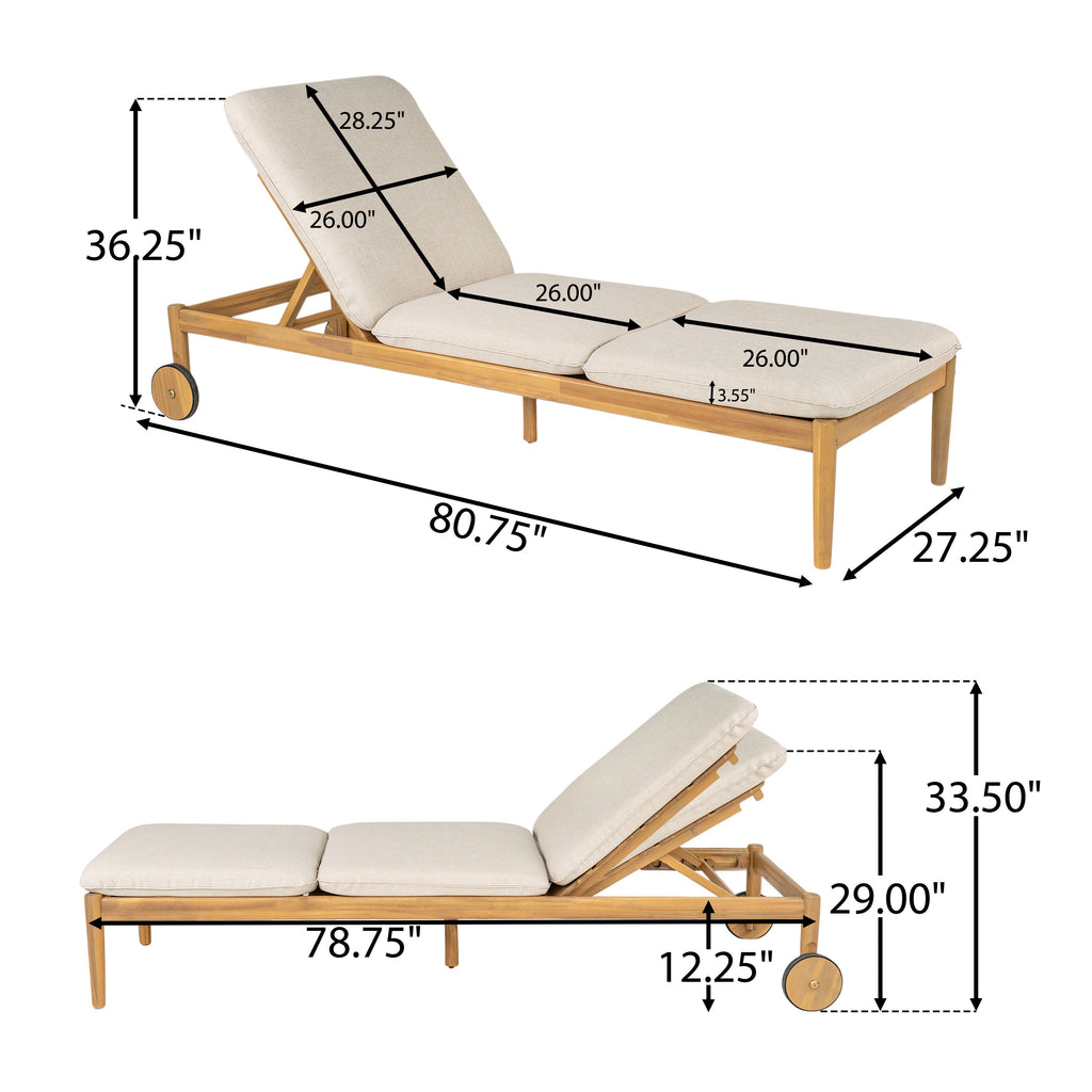 Riviera Outdoor Chaise Lounge with Wheels, Acacia Wood Frame - Natural (Set of 2)