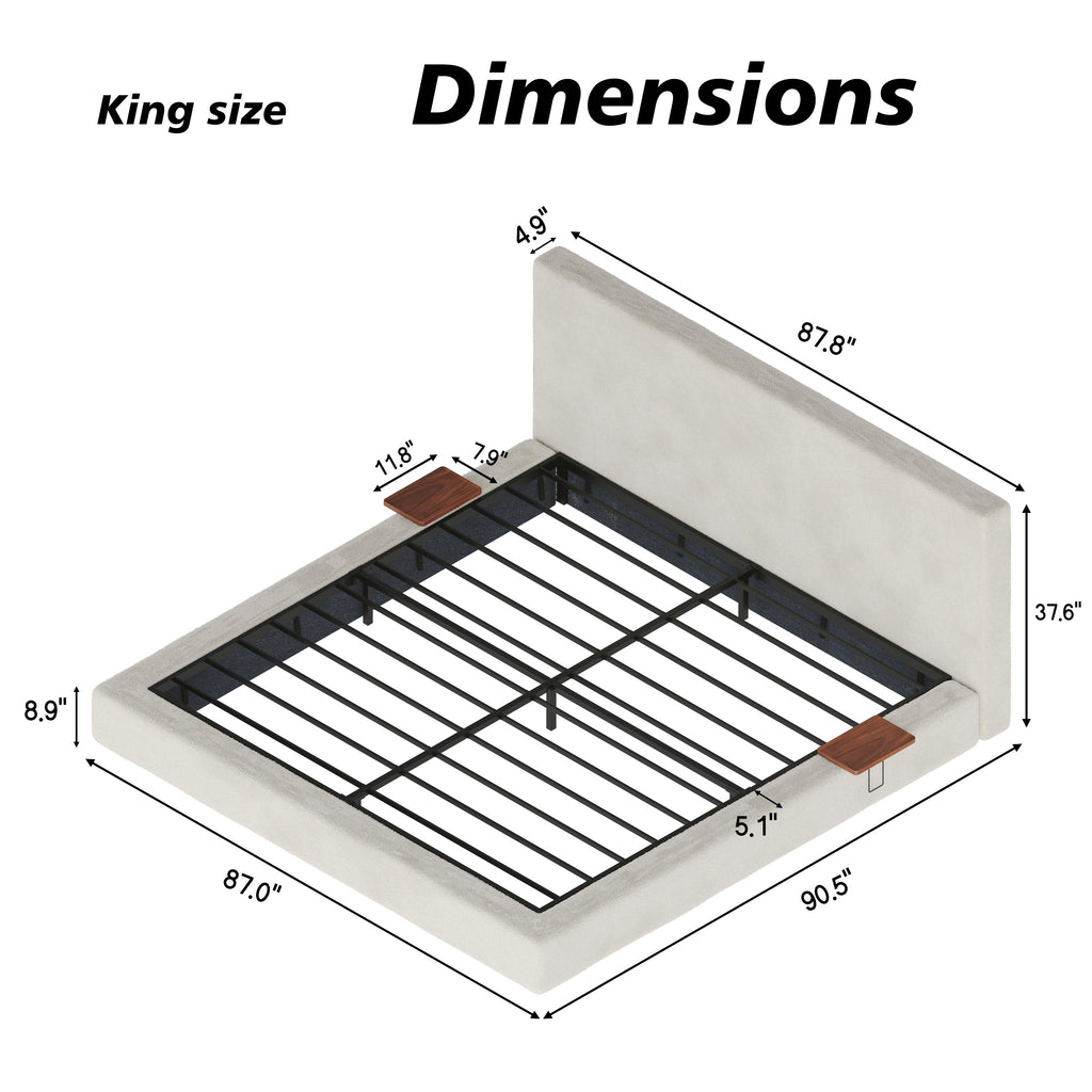 Off-White King Bed Frame with Adjustable Sliding Side Table and Cloud Cushion
