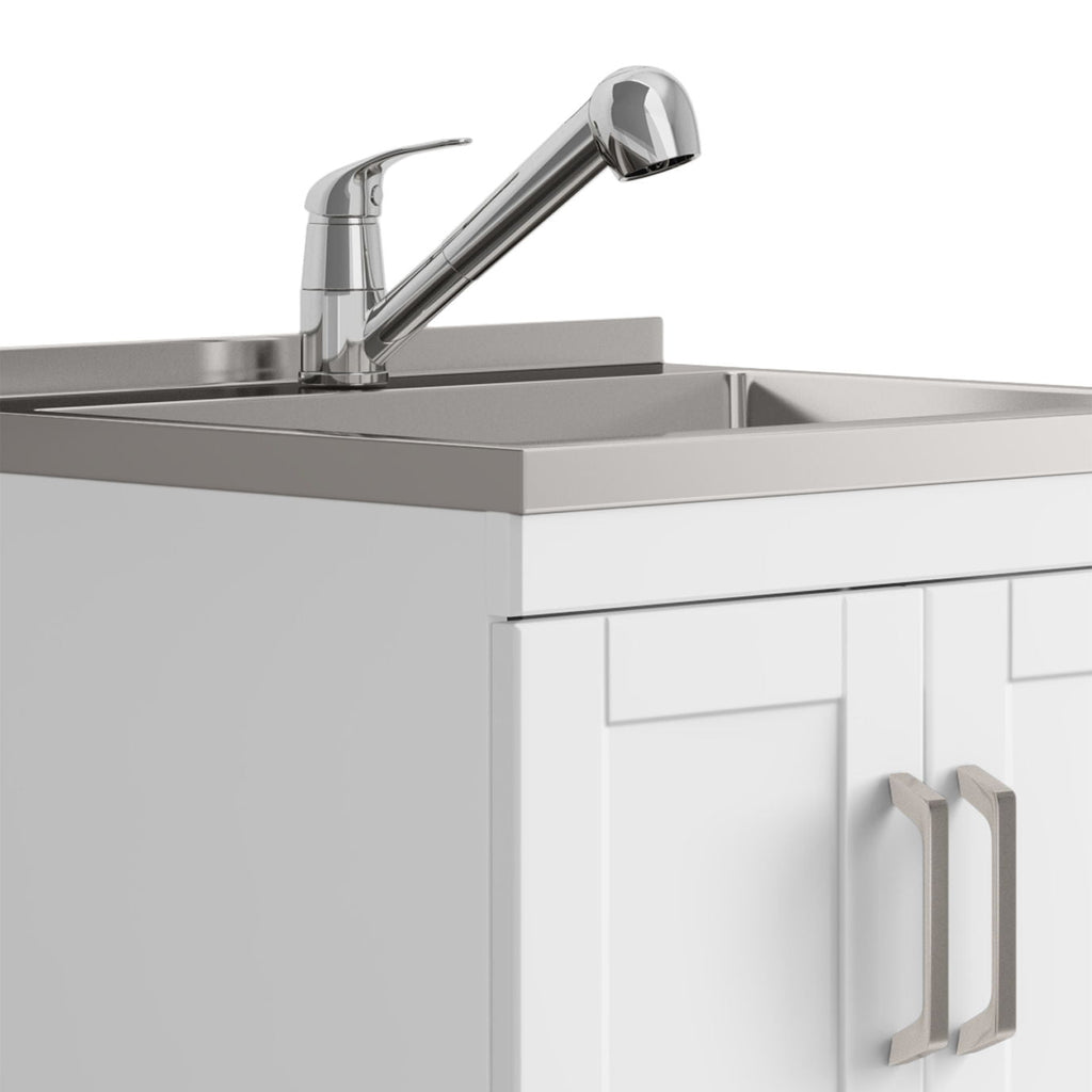 White Laundry Cabinet with Stainless Steel Sink and Pull-Out Faucet