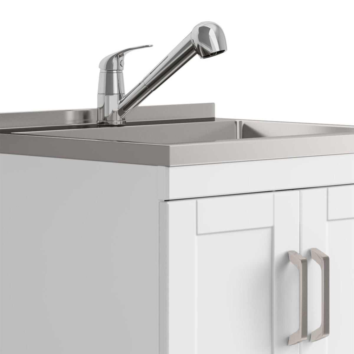 White Laundry Cabinet with Stainless Steel Sink and Pull-Out Faucet