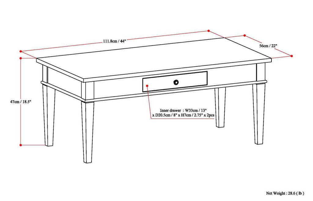 Dark Tobacco Brown Coffee Table with Storage Drawer