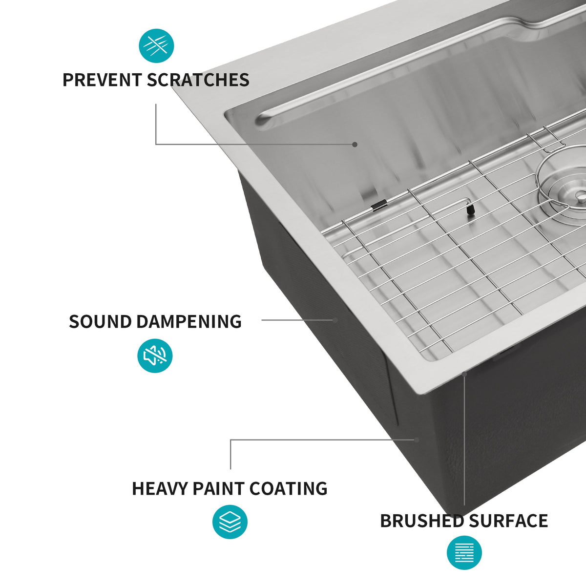 33" Drop In Kitchen Sink with Noise Reduction - Brushed Nickel