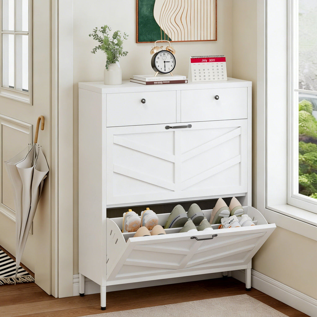 White Steel Shoe Cabinet with Flip Drawers - Adjustable Dividers