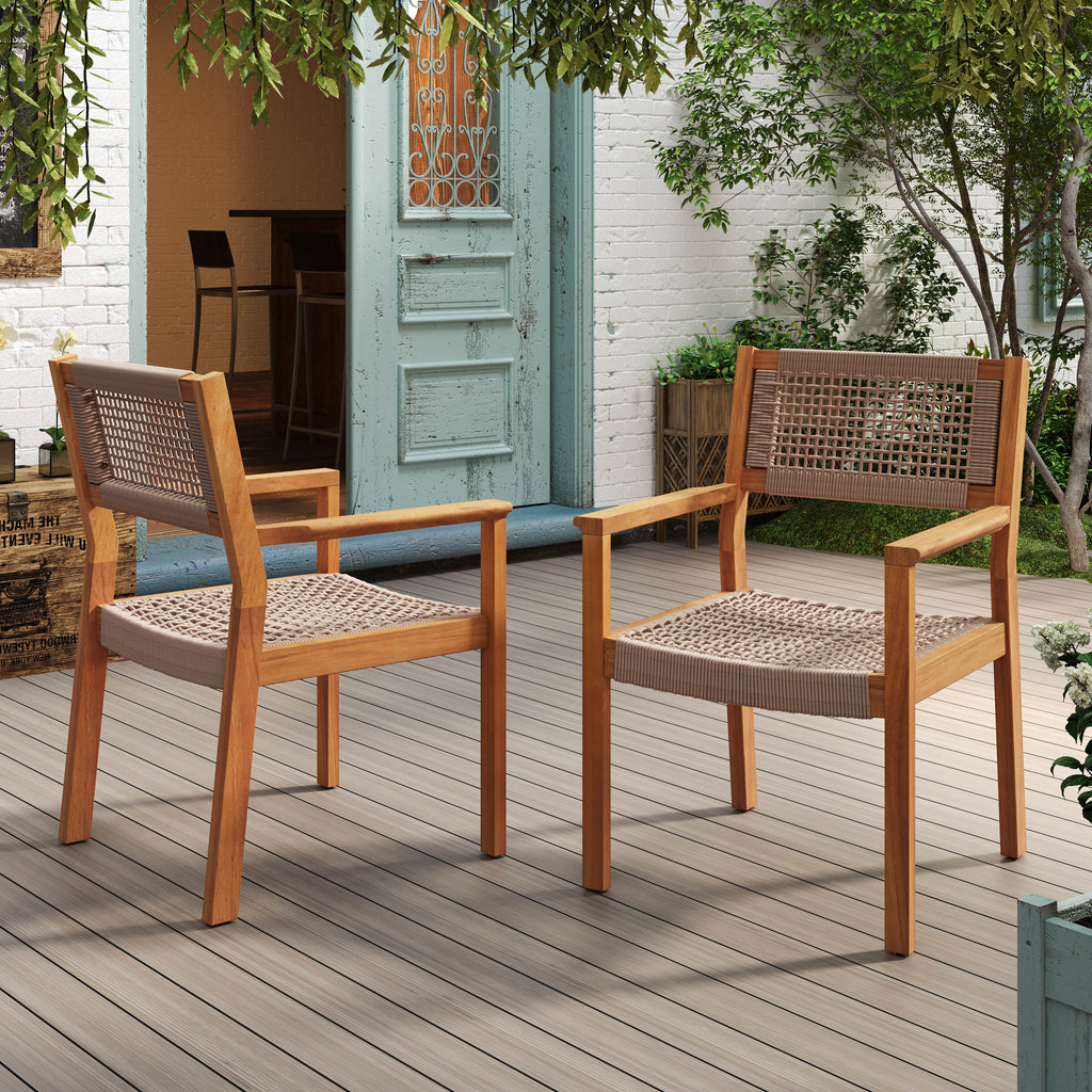 Braided Dining Chair Set of 2 with Acacia Wood & Rope - Light Brown