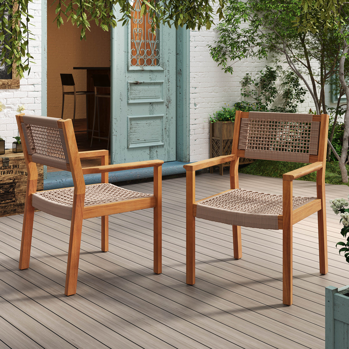 Braided Dining Chair Set of 2 with Acacia Wood & Rope - Light Brown