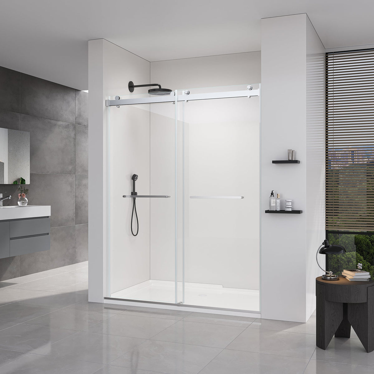 Double Sliding Frameless Soft-Close Shower Door with Brushed Nickel Finish