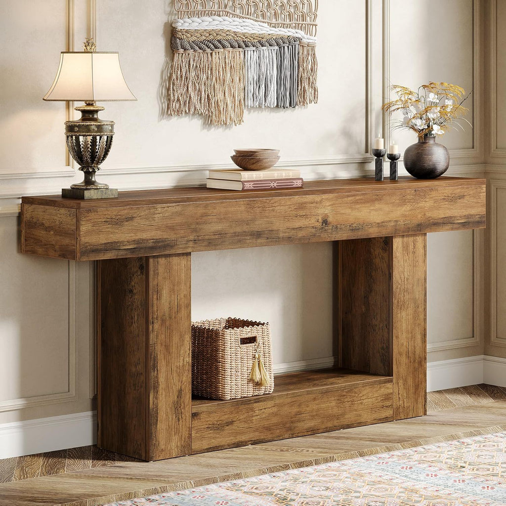 Console Table with 2 Tier Storage and U-Shaped Base - Light Brown or Dark Brown