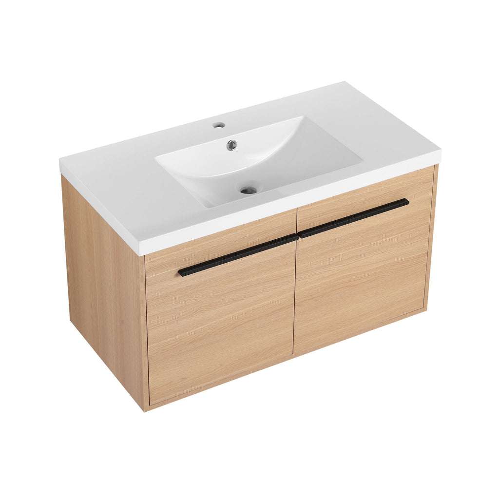 Bathroom Vanity Set with Resin Countertop Sink and 2 Doors - Light Brown Oak