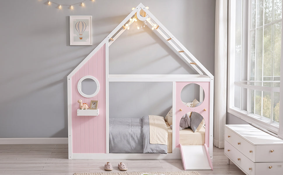 Twin House Bed with Slide - Playhouse Design - Pink