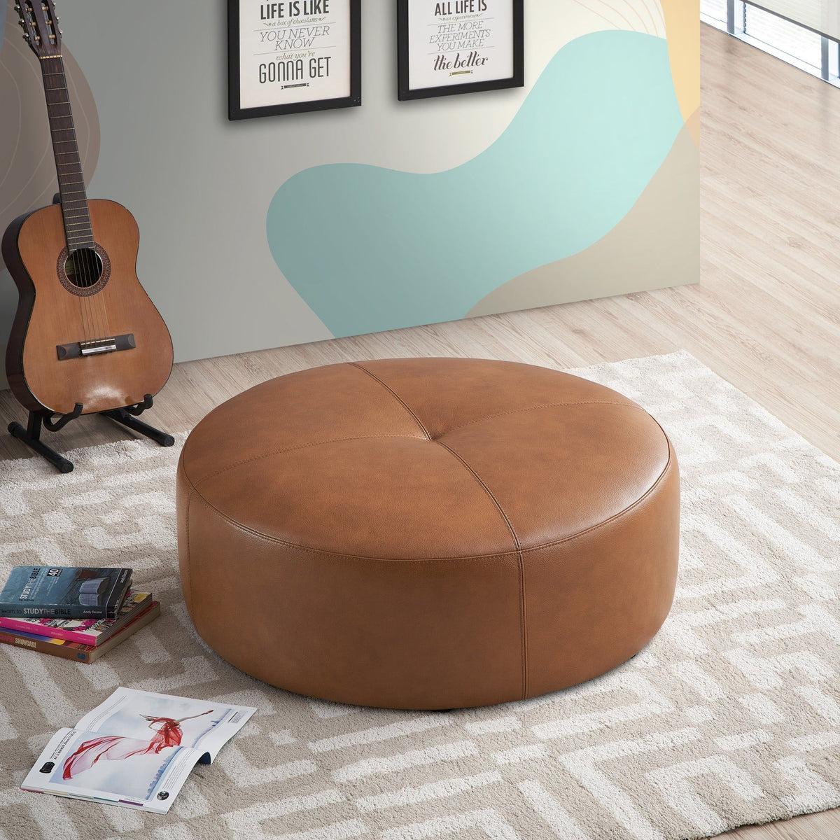 Tan Leather Ottoman with Mid-Century Modern Design - 36" Upholstered Ottoman