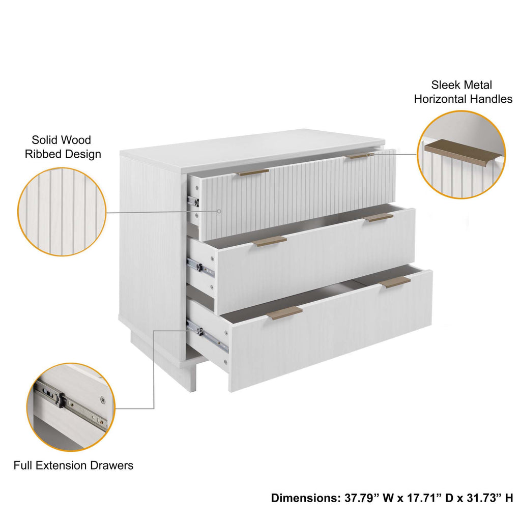 Solid Wood 3 Drawer Dresser with Ribbed Fronts - Multiple Colors