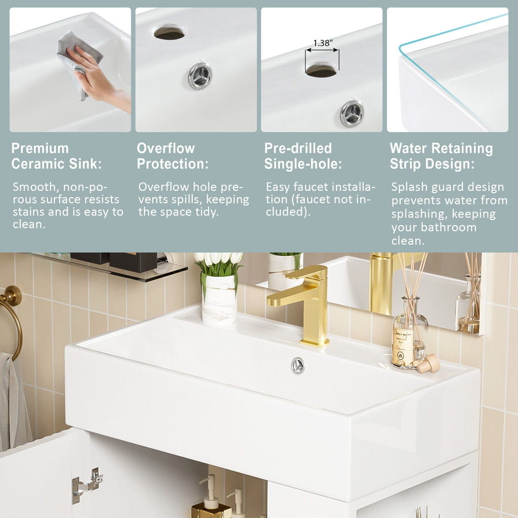 Bathroom Vanity with Single Ceramic Sink and Side Storage - Multiple Colors