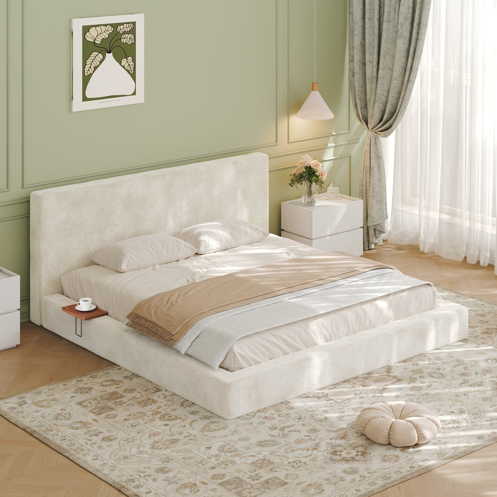 Off-White King Bed Frame with Adjustable Sliding Side Table and Cloud Cushion