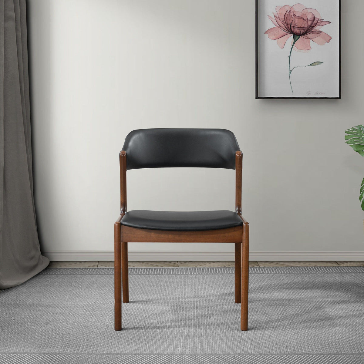 Enzo Dining Chair Set of 2 with Black Vegan Leather - Black / Brown