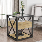 Modern End Table with Drawer - Natural Wood & Tempered Glass