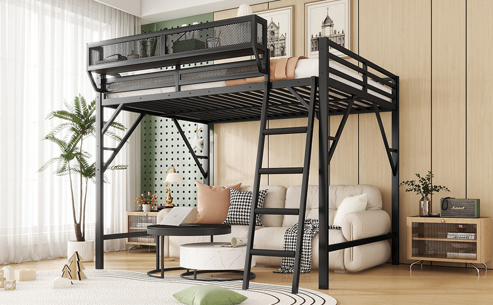 Full Size Loft Bed with Ladder and Storage Shelves - Black Metal