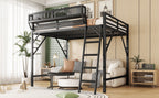 Full Size Loft Bed with Ladder and Storage Shelves - Black Metal