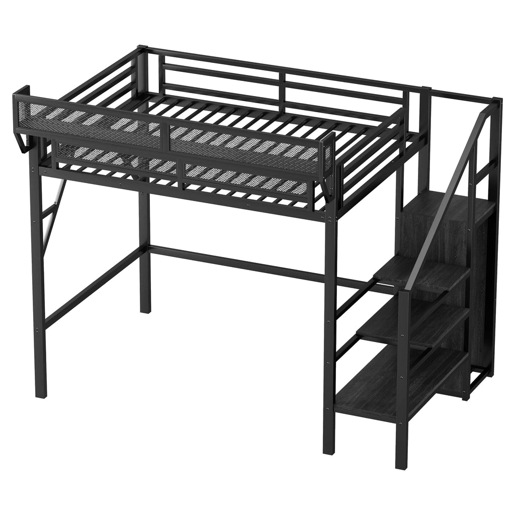 Twin Size Loft Bed with Stairs and Storage Shelves