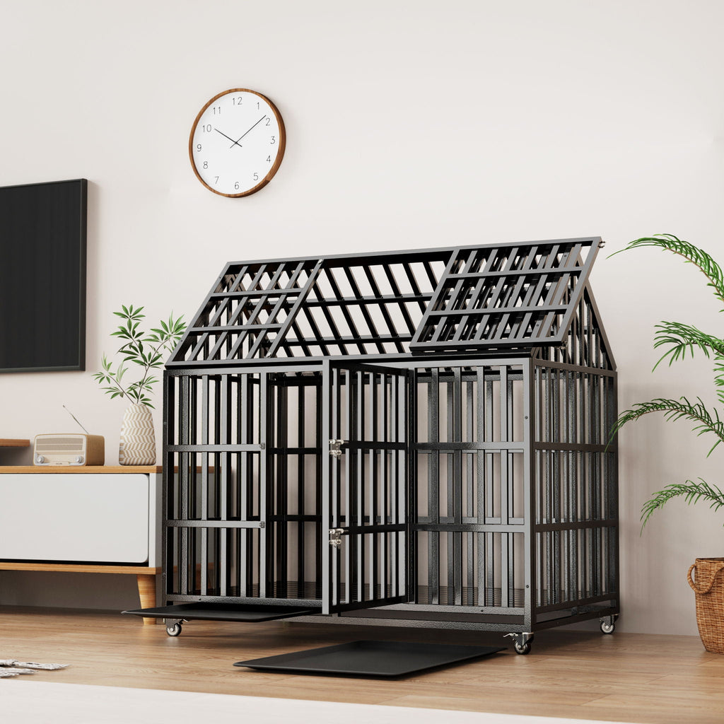 Heavy Duty Dog Crate with Lockable Wheels - Black