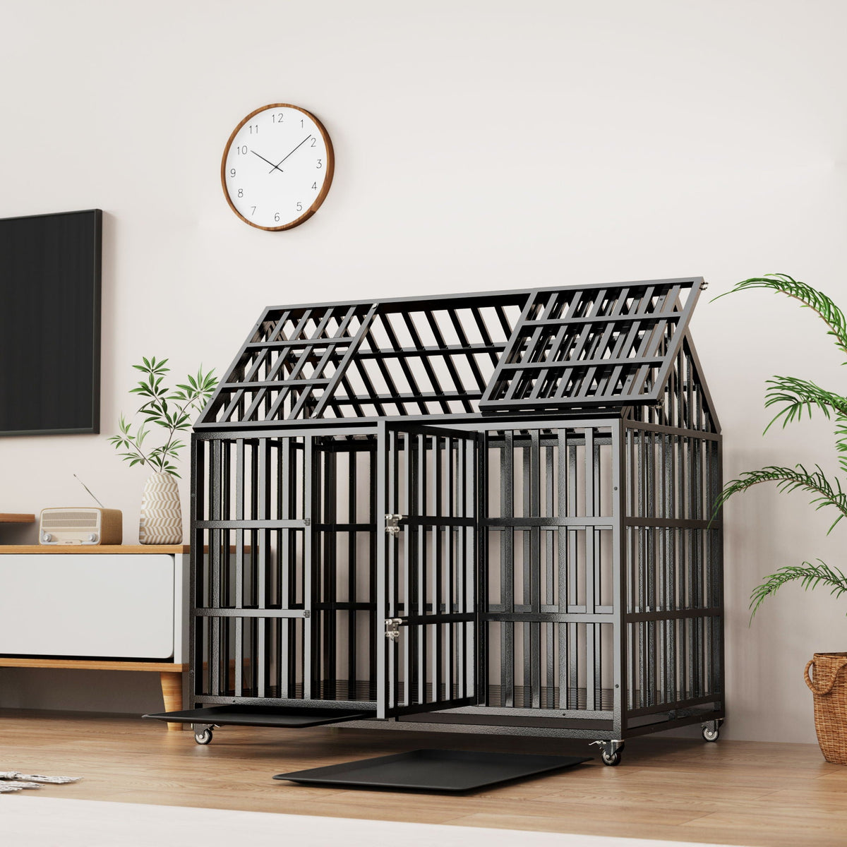 Heavy Duty Dog Crate with Lockable Wheels - Black