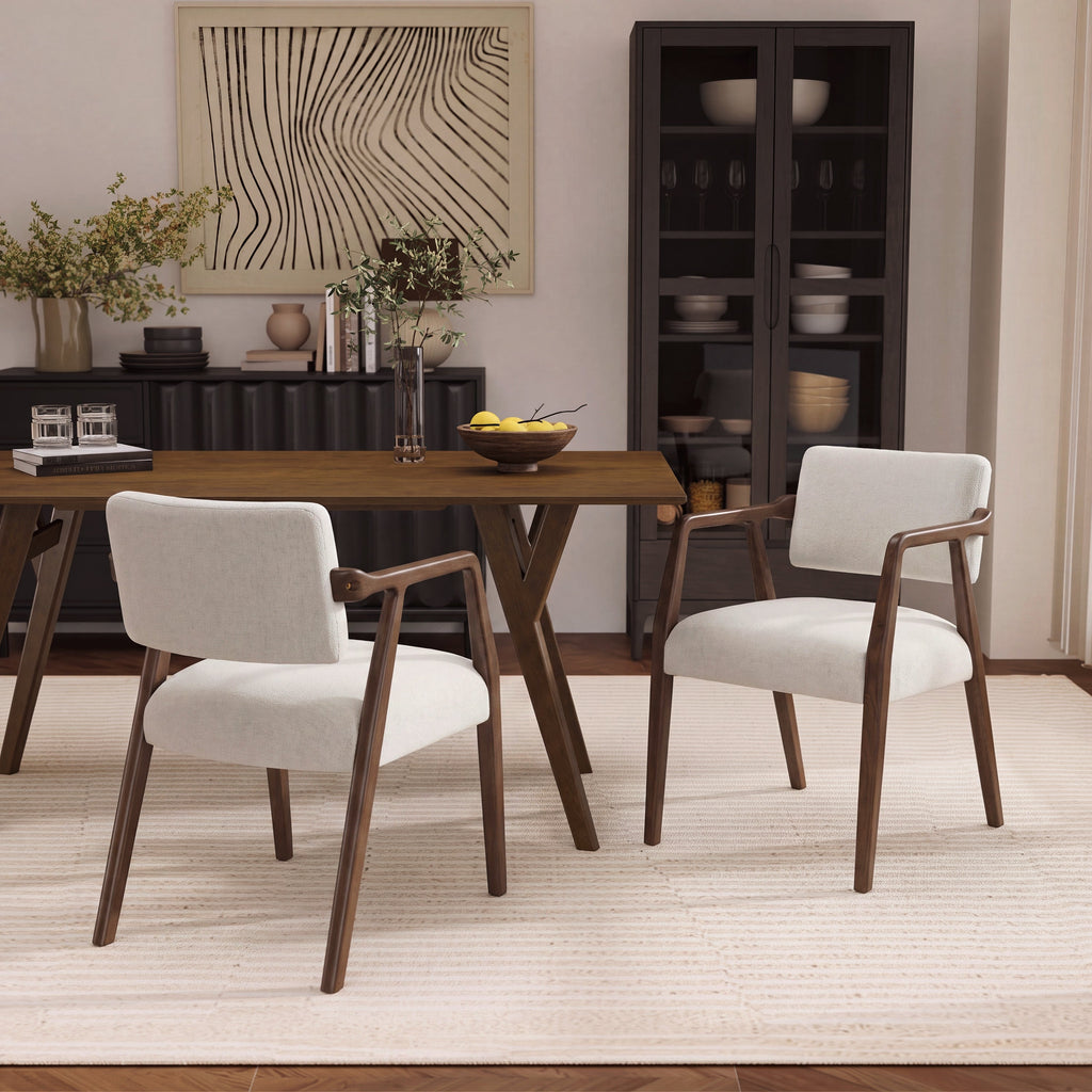 Mid-Century Rubber Wood Upholstered Dining Armchair Set of 2 - Beige