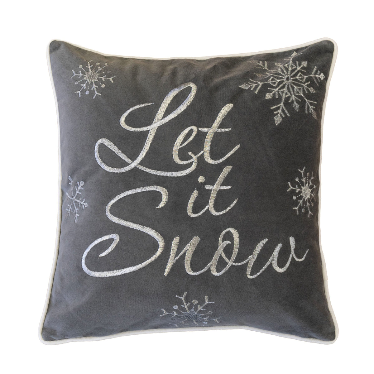 Let It Snow Embroidered Cotton Throw Pillow with Winter Embroidery - Gray