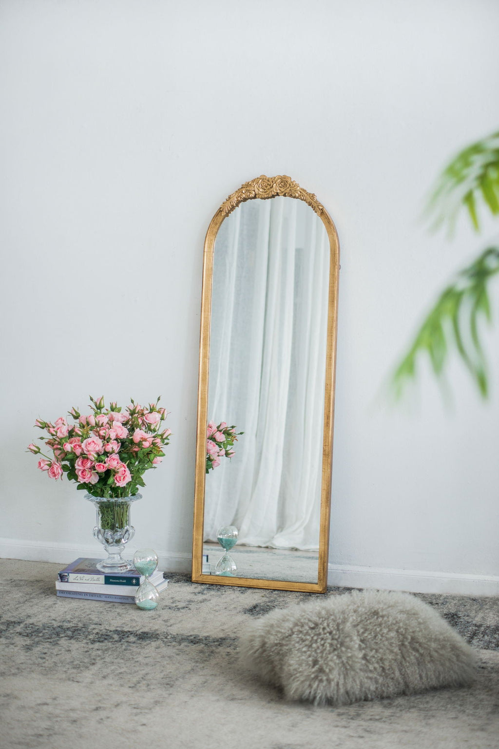 Gold Arched Floor Mirror with Wood Frame - Full Body