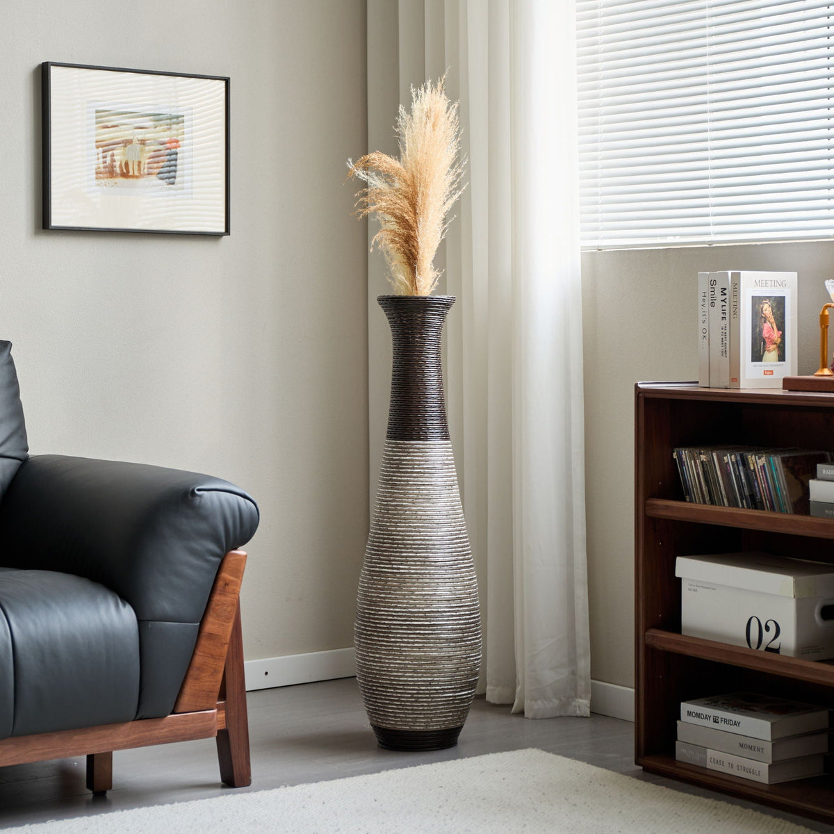 Tall Artificial Rattan Floor Vase with Two-Tone Finish - Black / Gray