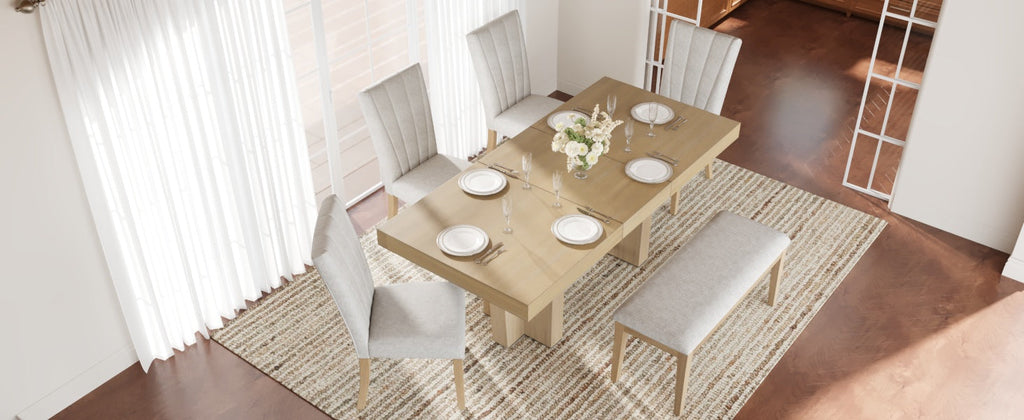 Farmhouse Extendable Wood Dining Table Set for 6 with Upholstered Seating - Natural Wood