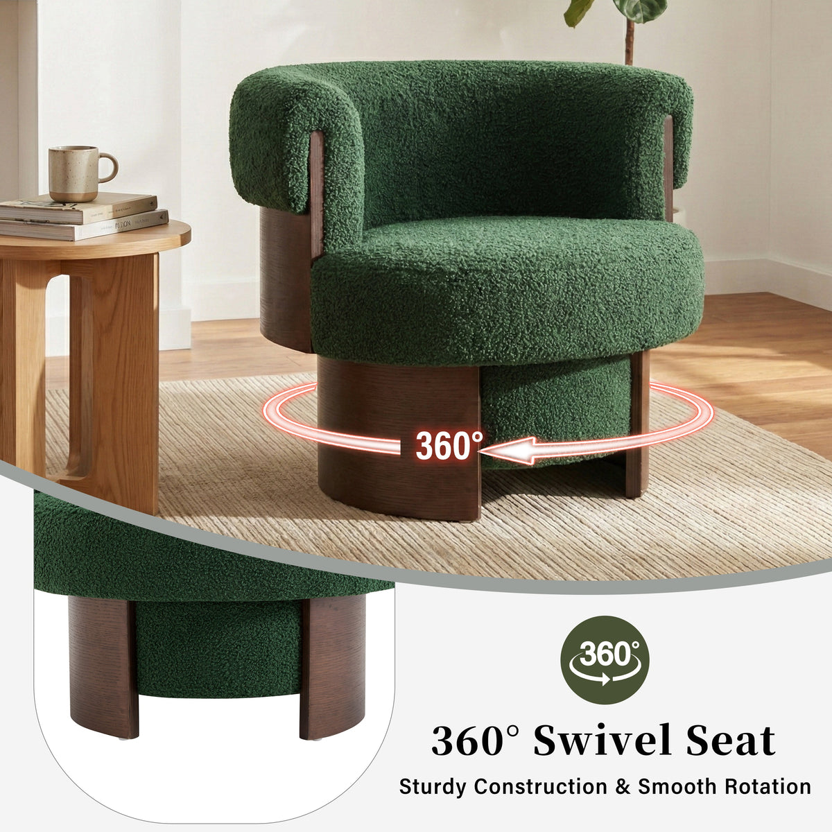 Modern 32" Wide Curved Sculptural Swivel Barrel Chair with 360° Swivel - Boucle