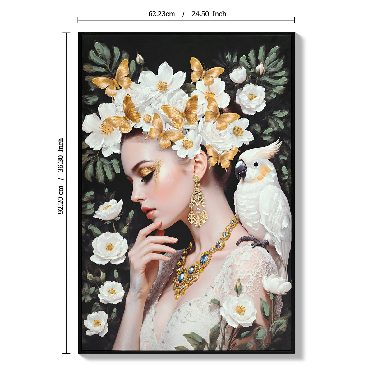 Beauty Lady Wall Art with Gold and White Floral Canvas - Ivory & Gold